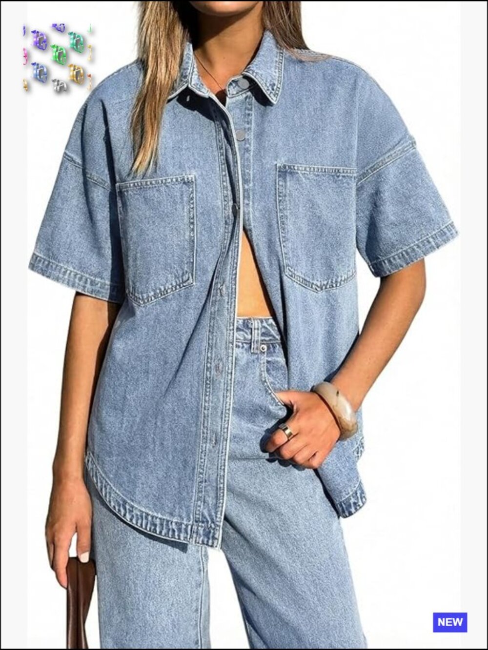 Oversized Long Sleeve Button Down Denim Shirt Blouse Distressed Jean Jacket